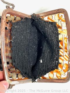 Victorian Black & Silver Glass Beaded Handbag with Celluloid Frame