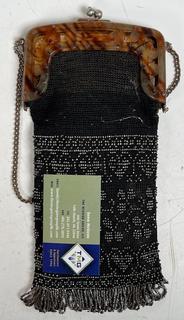 Victorian Black & Silver Glass Beaded Handbag with Celluloid Frame