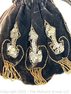 Black Silk Velvet Sequin Drawstring Handbag