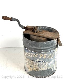 Antique galvanized metal ice cream maker by SNOW PEAK with top hand crank