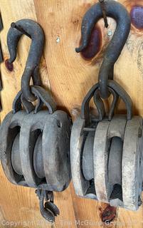 Two (2) Vintage Western Block Co. Large Double Pulley Block & Tackle Hoist Lockport, NY