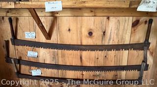 Three (3) Two-Man Lumberjack Hand Saws: Lance Toothe Saw C 1910 for Cutting Softwood, 