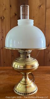 Brass Electrified Kerosene Table Lamp With Milk Glass Shade