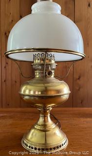 Brass Electrified Kerosene Table Lamp With Milk Glass Shade