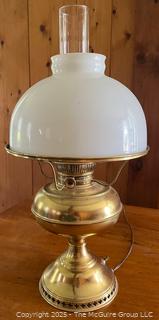 Brass Electrified Kerosene Table Lamp With Milk Glass Shade