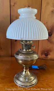 Hurricane Style Brass Table Lamp With Milk Glass Shade