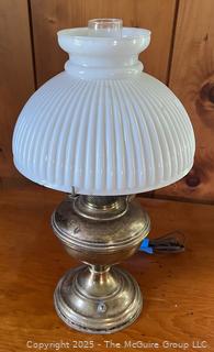 Hurricane Style Brass Table Lamp With Milk Glass Shade
