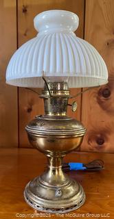 Hurricane Style Brass Table Lamp With Milk Glass Shade