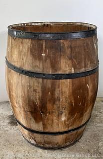 Wooden stave barrel, metal bands, partial label (SOAP) (30"T) 