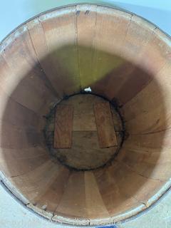 Wooden stave barrel, metal bands, partial label (SOAP) (30"T) 