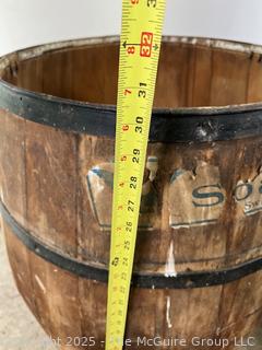 Wooden stave barrel, metal bands, partial label (SOAP) (30"T) 