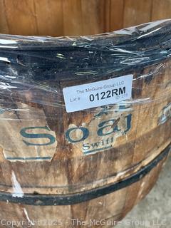 Wooden stave barrel, metal bands, partial label (SOAP) (30"T) 