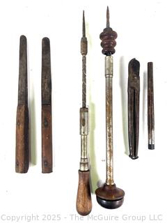 Antique Hand Tools: Push-drill; blades; cutter