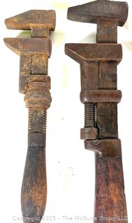 Group of six (6) antique monkey wrenches including COES WRENCH CO. MONKEY WRENCH WITH WOODEN HANDLE 8 1/2' WORCHESTER. MASS