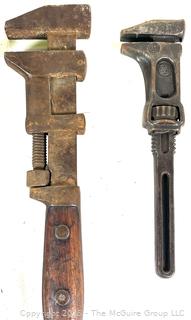 Group of six (6) antique monkey wrenches including COES WRENCH CO. MONKEY WRENCH WITH WOODEN HANDLE 8 1/2' WORCHESTER. MASS
