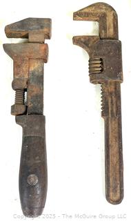 Group of six (6) antique monkey wrenches including COES WRENCH CO. MONKEY WRENCH WITH WOODEN HANDLE 8 1/2' WORCHESTER. MASS