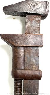 Group of six (6) antique monkey wrenches including COES WRENCH CO. MONKEY WRENCH WITH WOODEN HANDLE 8 1/2' WORCHESTER. MASS