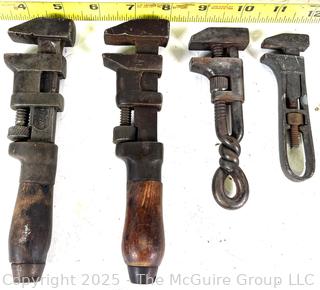 Lot of 4 Vintage Monkey Wrenches - 5" Twisted Iron Pipe Wrench, Wood handles, etc - Plumbing Tools
