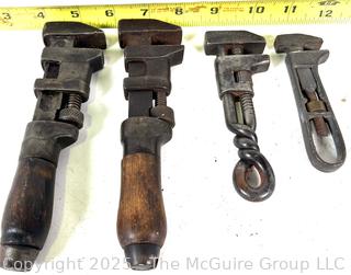 Lot of 4 Vintage Monkey Wrenches - 5" Twisted Iron Pipe Wrench, Wood handles, etc - Plumbing Tools