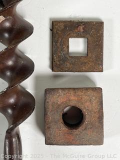 Assortment of antique hand tools: wrenches, drill bit, etc.