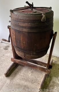 Antique Hand Crank Oak and Iron Butter Churn Barrel 0n Stand