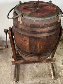 Antique Hand Crank Oak and Iron Butter Churn Barrel 0n Stand
