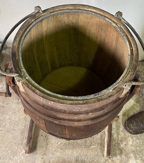 Antique Hand Crank Oak and Iron Butter Churn Barrel 0n Stand