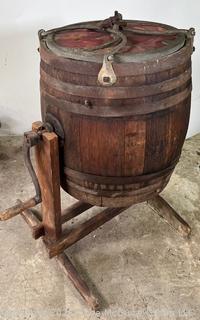 Antique Hand Crank Oak and Iron Butter Churn Barrel 0n Stand