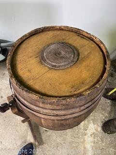 Antique Hand Crank Oak and Iron Butter Churn Barrel 0n Stand