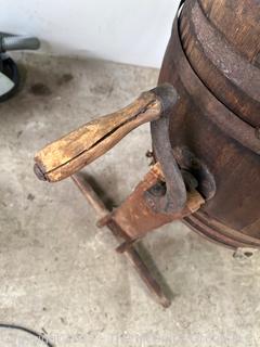 Antique Hand Crank Oak and Iron Butter Churn Barrel 0n Stand