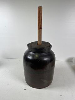 Wood and Crockery Butter Churn