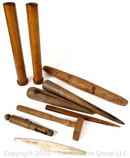 Assortment of 19th C Treenware Including Wooden Pegs and Sailors Fids