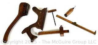 Group Including Specialized Task Wooden Hand Saws, Marking Gages, Awl and Lufkin Boxwood Folding Rule 