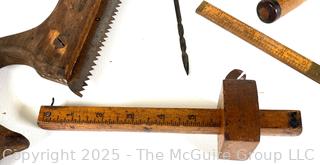 Group Including Specialized Task Wooden Hand Saws, Marking Gages, Awl and Lufkin Boxwood Folding Rule 