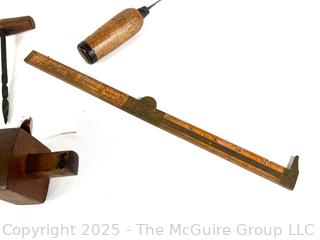 Group Including Specialized Task Wooden Hand Saws, Marking Gages, Awl and Lufkin Boxwood Folding Rule 