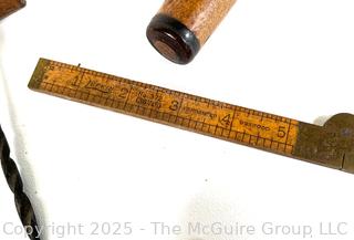 Group Including Specialized Task Wooden Hand Saws, Marking Gages, Awl and Lufkin Boxwood Folding Rule 
