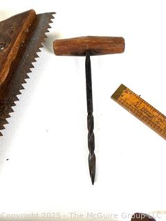 Group Including Specialized Task Wooden Hand Saws, Marking Gages, Awl and Lufkin Boxwood Folding Rule 