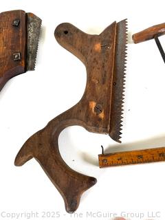 Group Including Specialized Task Wooden Hand Saws, Marking Gages, Awl and Lufkin Boxwood Folding Rule 