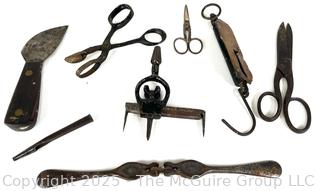 Grouping of Bench Tools Including Leather Punch, Forged Iron Mold, Spring Scale, Metal Shears, Notched Trowel and Adjustable Circle Marking Gage 