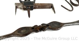 Grouping of Bench Tools Including Leather Punch, Forged Iron Mold, Spring Scale, Metal Shears, Notched Trowel and Adjustable Circle Marking Gage 
