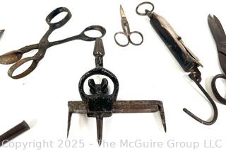 Grouping of Bench Tools Including Leather Punch, Forged Iron Mold, Spring Scale, Metal Shears, Notched Trowel and Adjustable Circle Marking Gage 