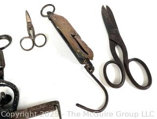 Grouping of Bench Tools Including Leather Punch, Forged Iron Mold, Spring Scale, Metal Shears, Notched Trowel and Adjustable Circle Marking Gage 