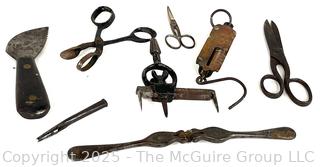 Grouping of Bench Tools Including Leather Punch, Forged Iron Mold, Spring Scale, Metal Shears, Notched Trowel and Adjustable Circle Marking Gage 