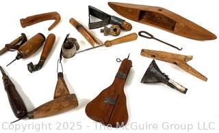 Grouping of Traditional Hand Tools Used by Cobblers and Wheelwrights Tradesmen Including Hand Forged Iron Spoke Trimmer