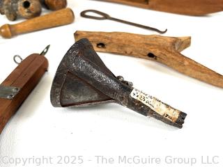 Grouping of Traditional Hand Tools Used by Cobblers and Wheelwrights Tradesmen Including Hand Forged Iron Spoke Trimmer
