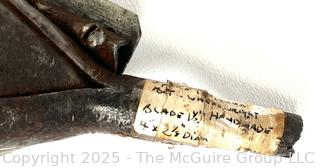 Grouping of Traditional Hand Tools Used by Cobblers and Wheelwrights Tradesmen Including Hand Forged Iron Spoke Trimmer