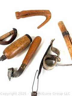 Grouping of Traditional Hand Tools Used by Cobblers and Wheelwrights Tradesmen Including Hand Forged Iron Spoke Trimmer