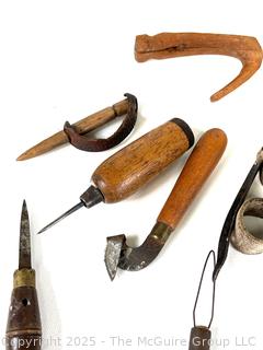 Grouping of Traditional Hand Tools Used by Cobblers and Wheelwrights Tradesmen Including Hand Forged Iron Spoke Trimmer
