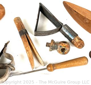Grouping of Traditional Hand Tools Used by Cobblers and Wheelwrights Tradesmen Including Hand Forged Iron Spoke Trimmer