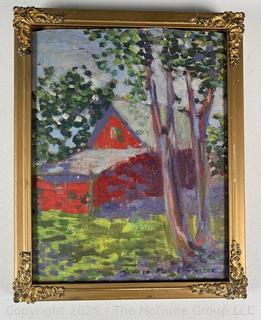 Giltwood Framed Oil of Barn Signed by Artist Jennie Mae McGuire